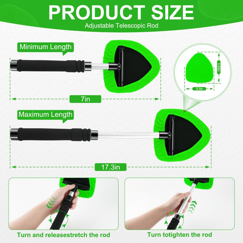 JUSTTOP Windshield Cleaner Tool, Car Interior&Exterior Window Cleaning Tool with Extendable Handle & 4 Reusable Microfiber Pads, Auto Glass Wiper Brush Kit for Cars (Green) - Image 2